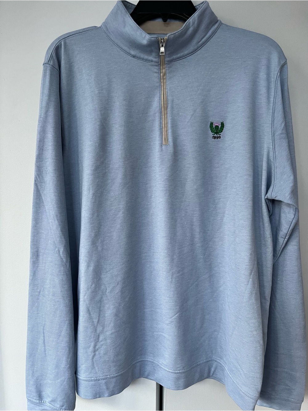 Peter Millar Crown Crafted Light Blue Quarter Zip Sweater with Embroidered Crest